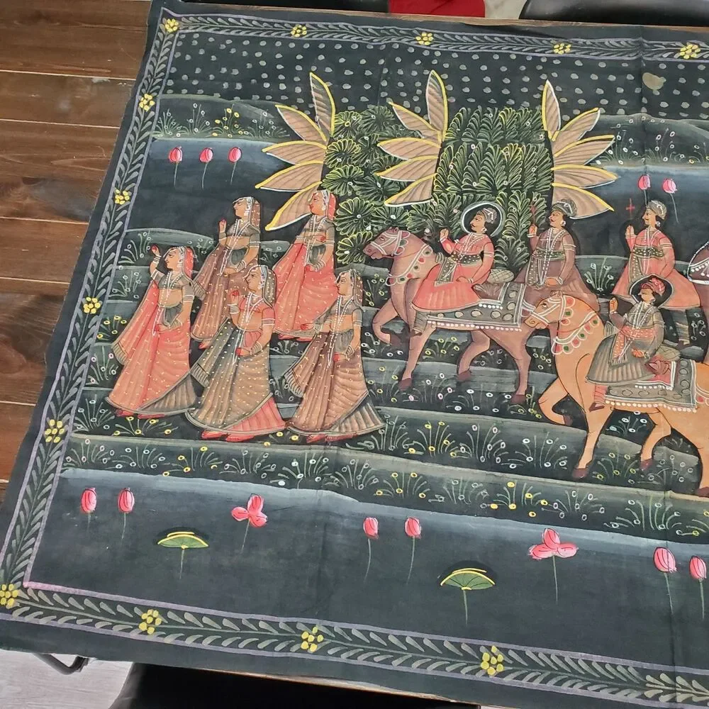 Vintage Tapestry Hand Painted India Traditional Royal Procession Scene 60x40